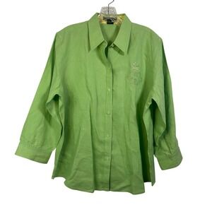 Lauren Ralph Lauren Lime Green 100% Linen Crest Button Up Shirt Womens XL